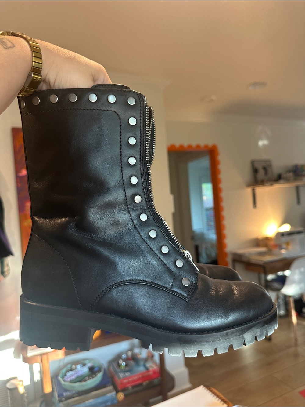 Coach Lara Studded Combat Boots (Style G4464) Black Zip-Up